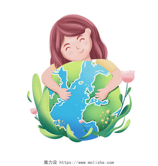 手绘卡通水彩创意地球人物女孩环境节约用水保护日元素